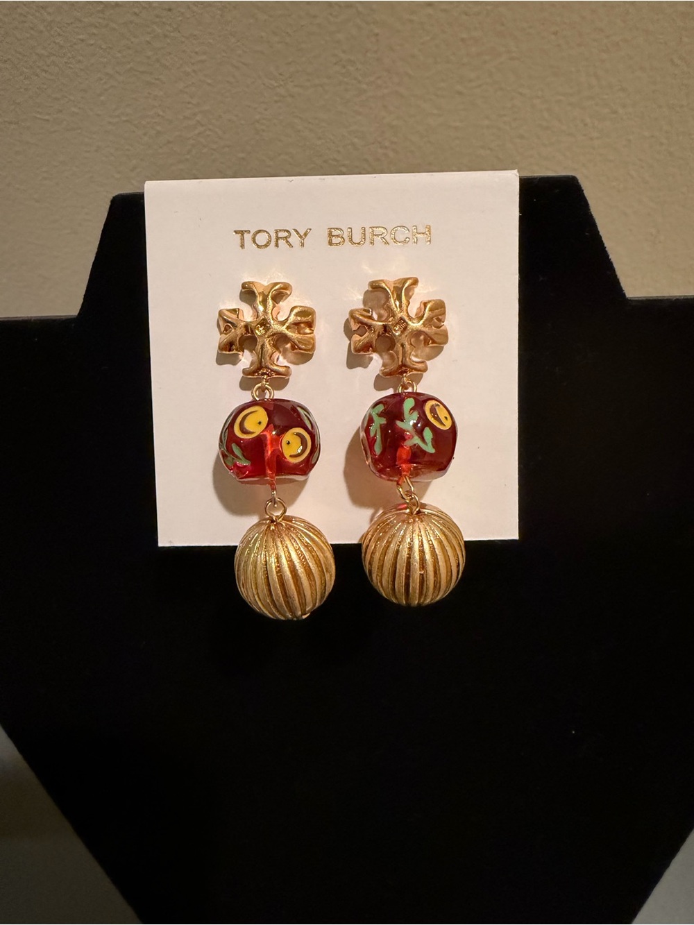 Tory Burch Gold and Red Floral Glass Drop Earrings